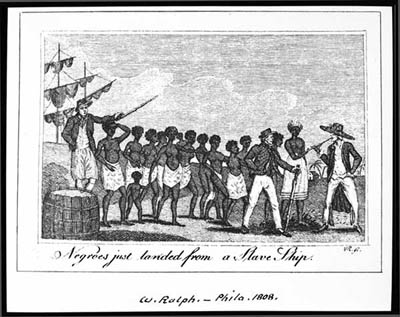 An 1808 engraving of Africans arriving in the Americas