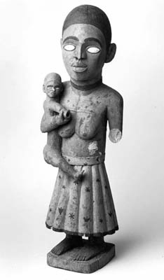 Wooden carving of a mother and child